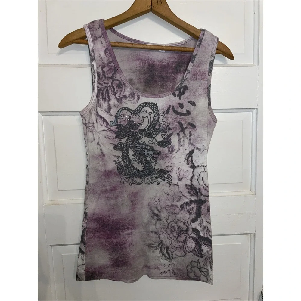 Fit Y2K 2000s On-trend Tank Top Purple Dragon Scoll Rhinestone Super Soft Medium